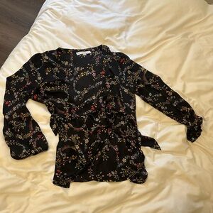 LOFT Floral Black Wrap Blouse S Long Sleeve